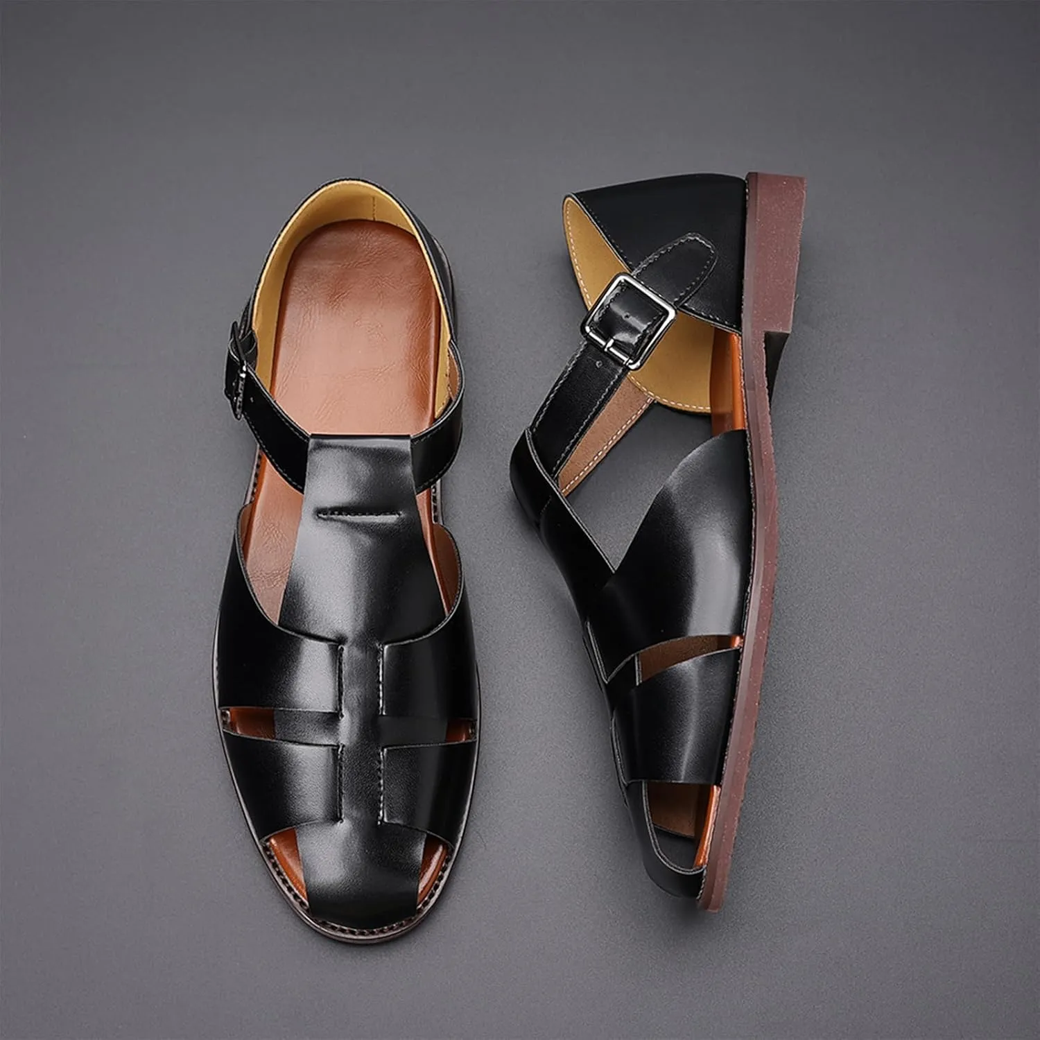 Men's Closed-Toe Flat Fisherman Sandals Lightweight Non-Slip Adjustable Hook & Loop Leather Wading Sandals for Summer Beach Casual Daily Wear