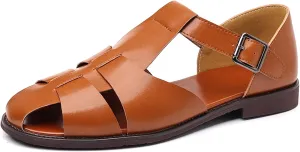 Men's Closed-Toe Flat Fisherman Sandals Lightweight Non-Slip Adjustable Hook & Loop Leather Wading Sandals for Summer Beach Casual Daily Wear