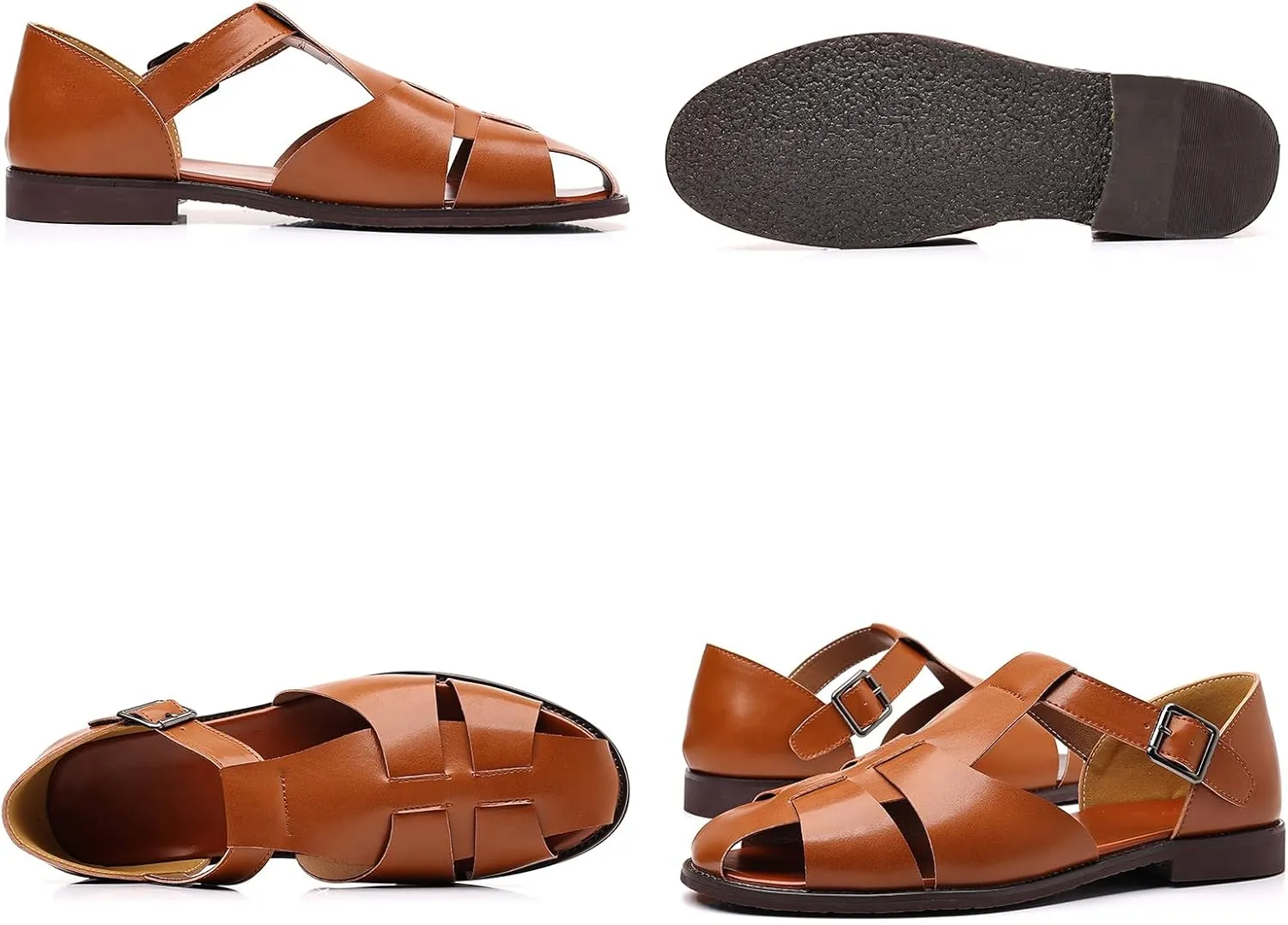 Men's Closed-Toe Flat Fisherman Sandals Lightweight Non-Slip Adjustable Hook & Loop Leather Wading Sandals for Summer Beach Casual Daily Wear