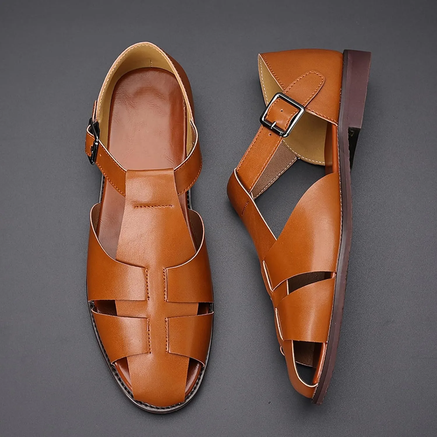 Men's Closed-Toe Flat Fisherman Sandals Lightweight Non-Slip Adjustable Hook & Loop Leather Wading Sandals for Summer Beach Casual Daily Wear
