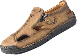 Men's Closed-Toe Leather Fisherman Sandals Slip-On | Breathable Comfortable Casual Moccasin Loafers for Summer Outdoor Driving & Walking | Side Zipper Hand-Sewn