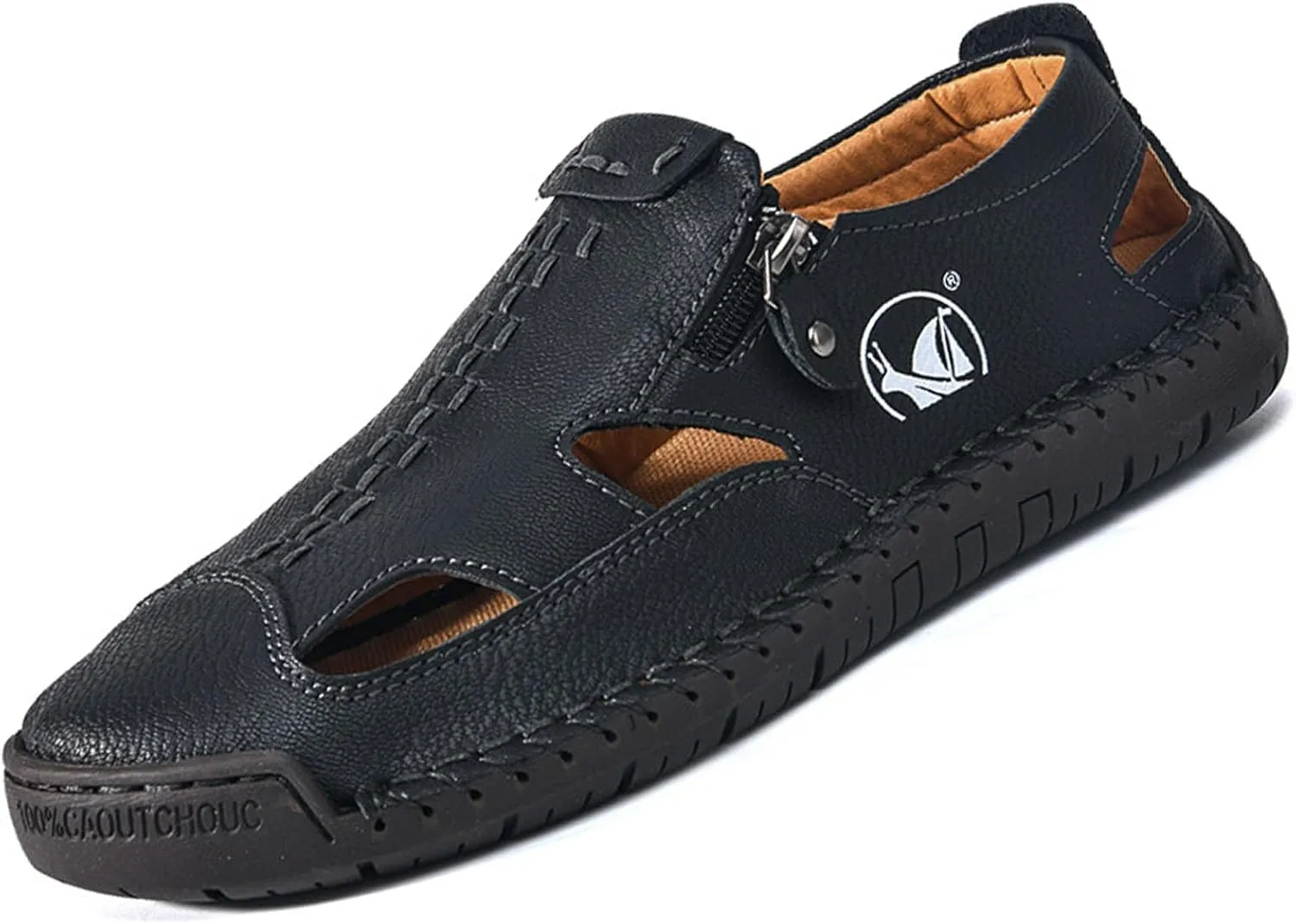 Men's Closed-Toe Leather Fisherman Sandals Slip-On | Breathable Comfortable Casual Moccasin Loafers for Summer Outdoor Driving & Walking | Side Zipper Hand-Sewn