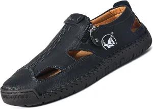 Men's Closed-Toe Leather Fisherman Sandals Slip-On | Breathable Comfortable Casual Moccasin Loafers for Summer Outdoor Driving & Walking | Side Zipper Hand-Sewn