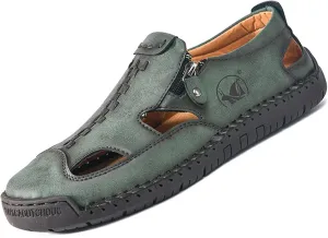 Men's Closed-Toe Leather Fisherman Sandals Slip-On | Breathable Comfortable Casual Moccasin Loafers for Summer Outdoor Driving & Walking | Side Zipper Hand-Sewn