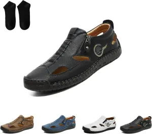 Men's Closed-Toe Leather Fisherman Sandals Slip-On |Side Zipper Hand-Sewn | Breathable Comfortable Casual Moccasin Loafers for Summer Outdoor Driving & Walking