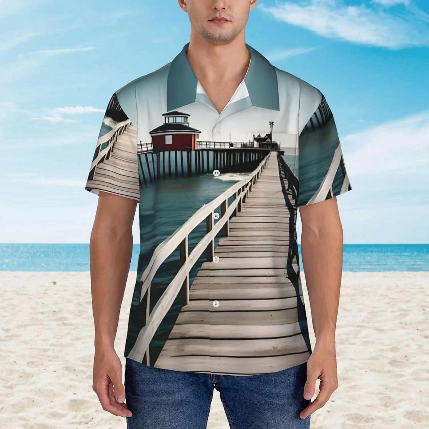 Men's Coastal Pier Hawaiian Shirt Short Sleeve Tropical Holiday Beach Shirts Casual Shirts Summer Clothes
