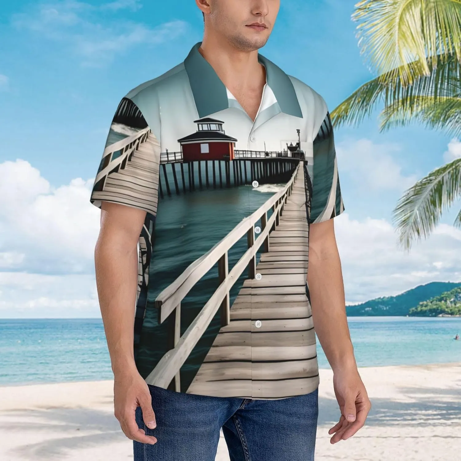 Men's Coastal Pier Hawaiian Shirt Short Sleeve Tropical Holiday Beach Shirts Casual Shirts Summer Clothes