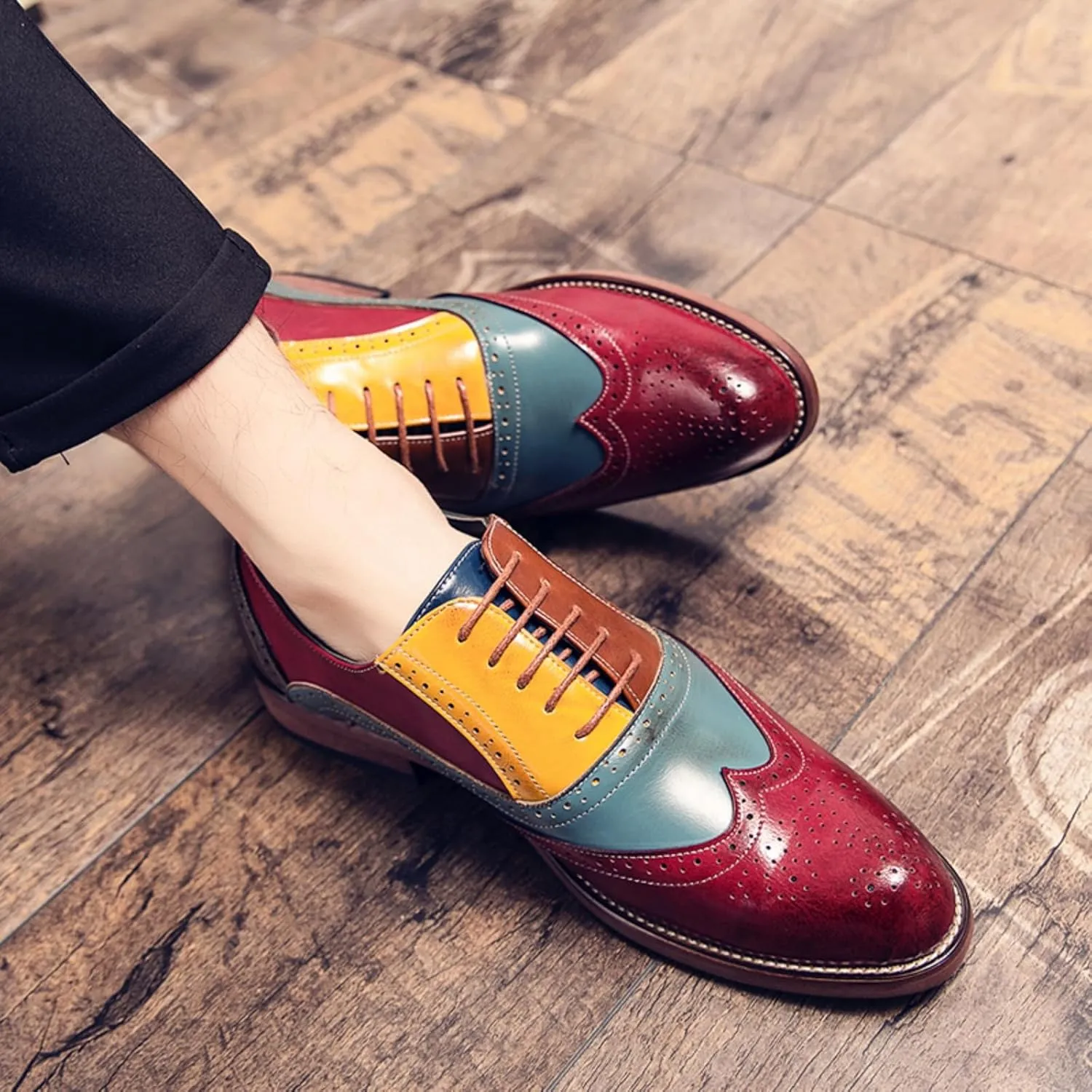 Men's Comfortable Multi-Color Wintip Oxford Brown Lace Up Leather Shoes Slip On Dress Shoes for Men Loafers Brown Red