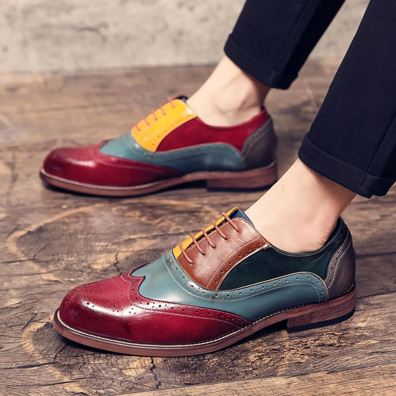 Men's Comfortable Multi-Color Wintip Oxford Brown Lace Up Leather Shoes Slip On Dress Shoes for Men Loafers Brown Red