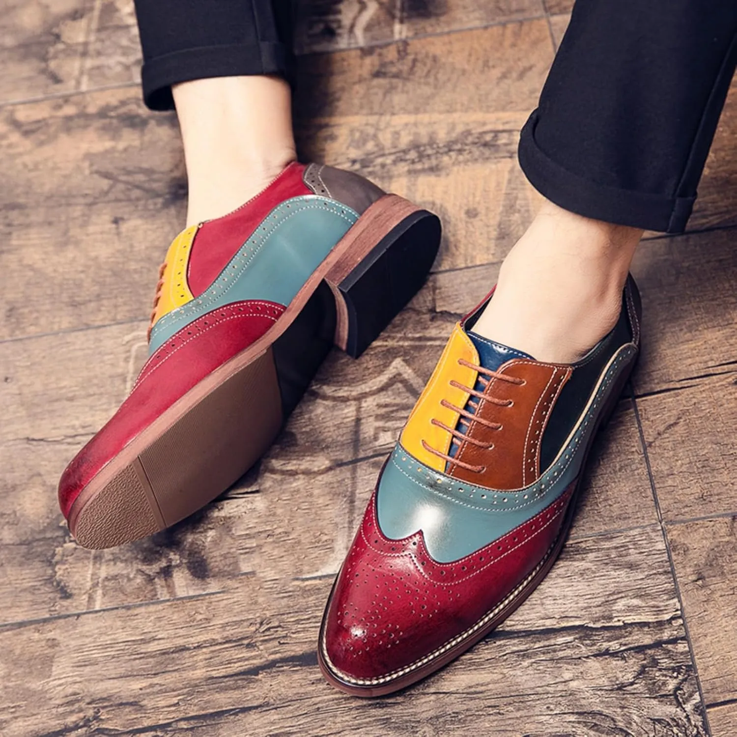 Men's Comfortable Multi-Color Wintip Oxford Brown Lace Up Leather Shoes Slip On Dress Shoes for Men Loafers Brown Red