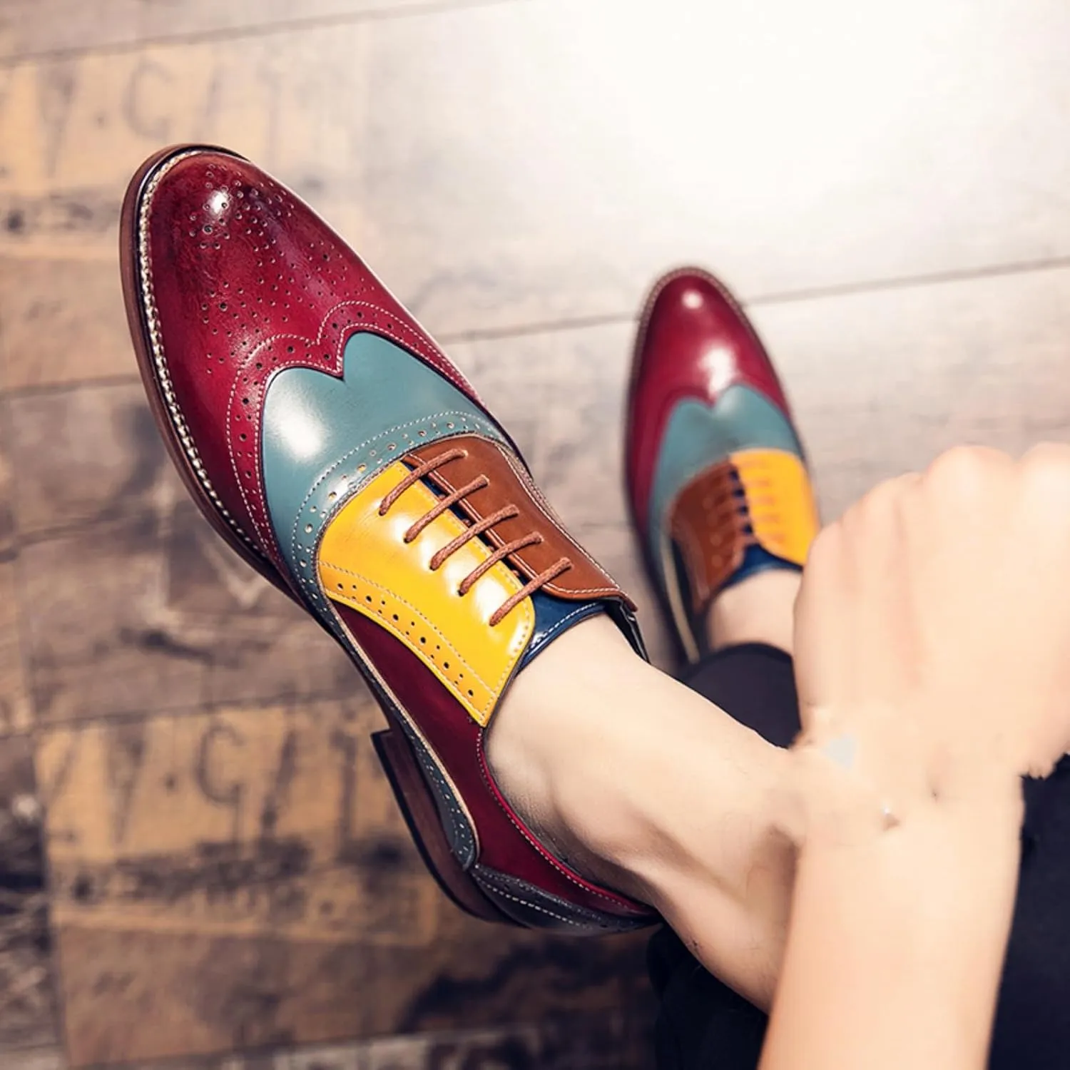 Men's Comfortable Multi-Color Wintip Oxford Brown Lace Up Leather Shoes Slip On Dress Shoes for Men Loafers Brown Red