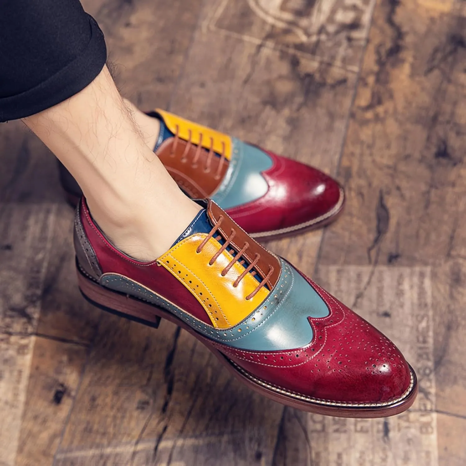 Men's Comfortable Multi-Color Wintip Oxford Brown Lace Up Leather Shoes Slip On Dress Shoes for Men Loafers Brown Red