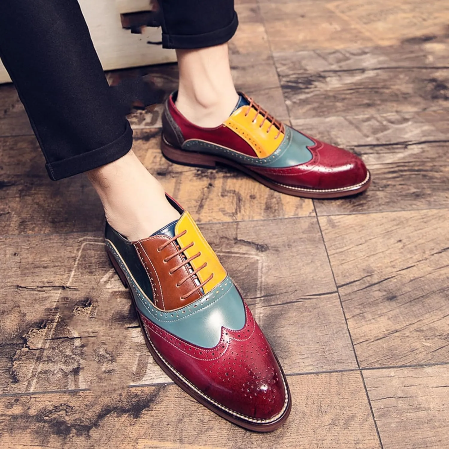 Men's Comfortable Multi-Color Wintip Oxford Brown Lace Up Leather Shoes Slip On Dress Shoes for Men Loafers Brown Red