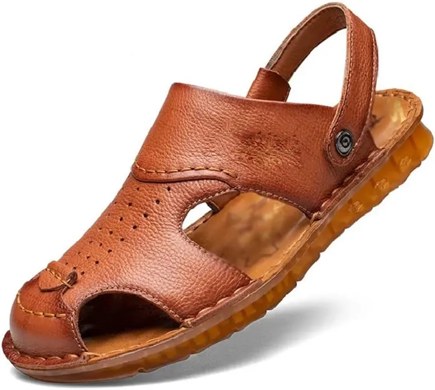 Men's Cowhide Beach Men's Shoes Casual Leather Cow Tendon Soft Sole Beach Men's Sandals Sandalias(42)