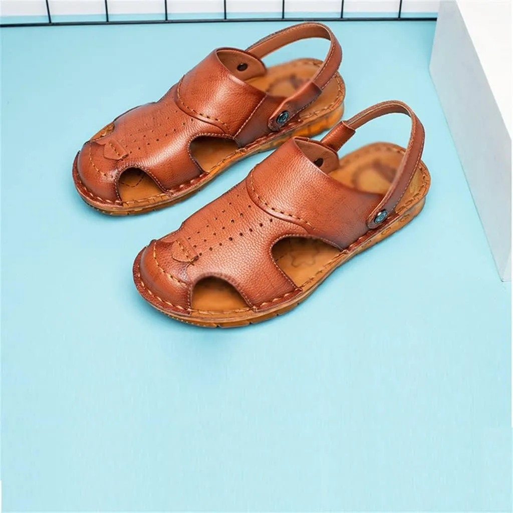 Men's Cowhide Beach Men's Shoes Casual Leather Cow Tendon Soft Sole Beach Men's Sandals Sandalias(42)