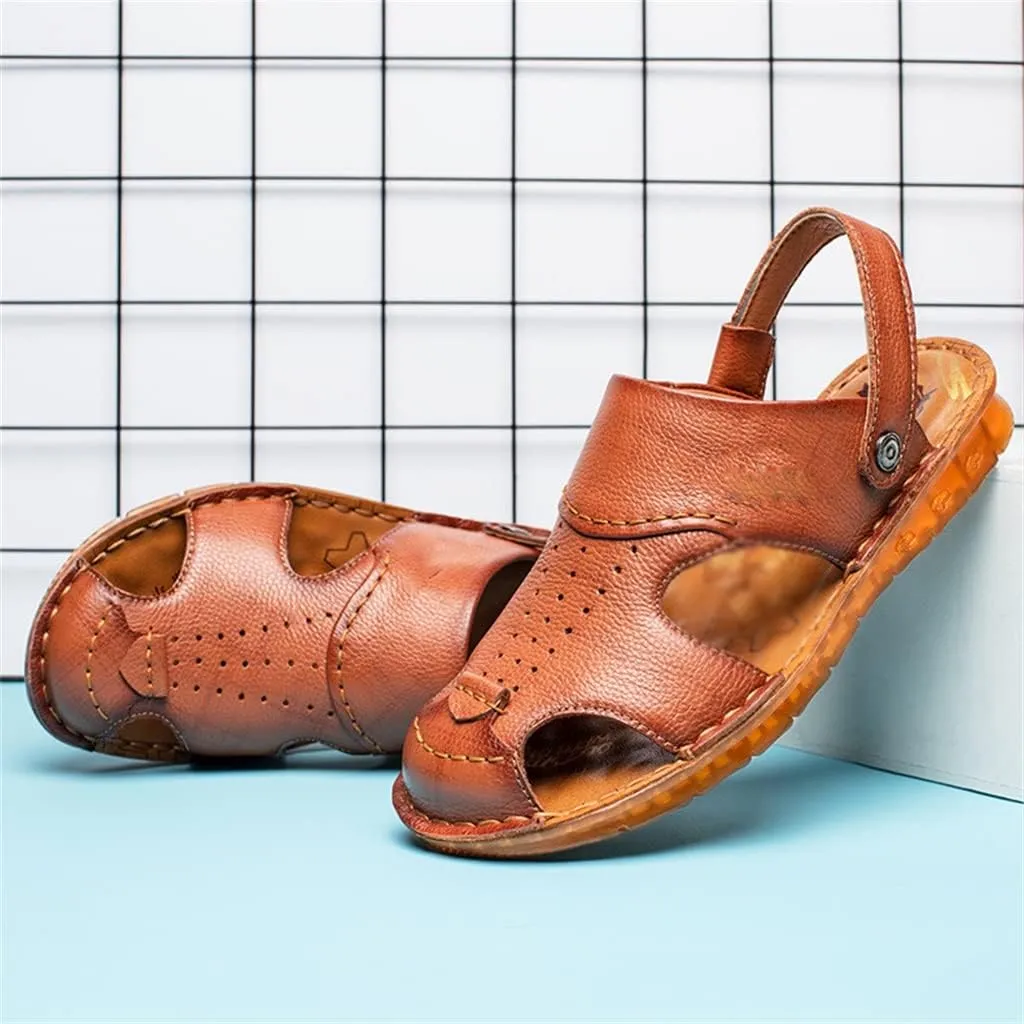 Men's Cowhide Beach Men's Shoes Casual Leather Cow Tendon Soft Sole Beach Men's Sandals Sandalias(42)