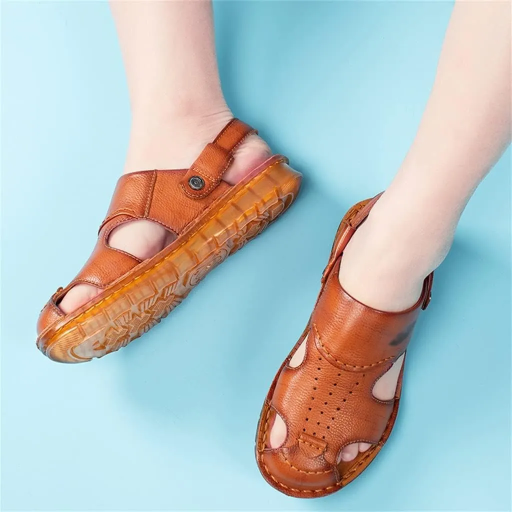 Men's Cowhide Beach Men's Shoes Casual Leather Cow Tendon Soft Sole Beach Men's Sandals Sandalias(42)