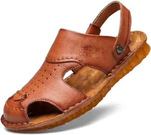 Men's Cowhide Beach Men's Shoes Casual Leather Cow Tendon Soft Sole Beach Men's Sandals Sandalias(42)