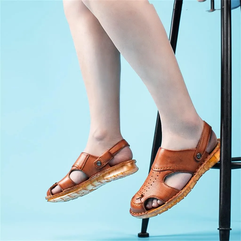 Men's Cowhide Beach Men's Shoes Casual Leather Cow Tendon Soft Sole Beach Men's Sandals Sandalias(42)