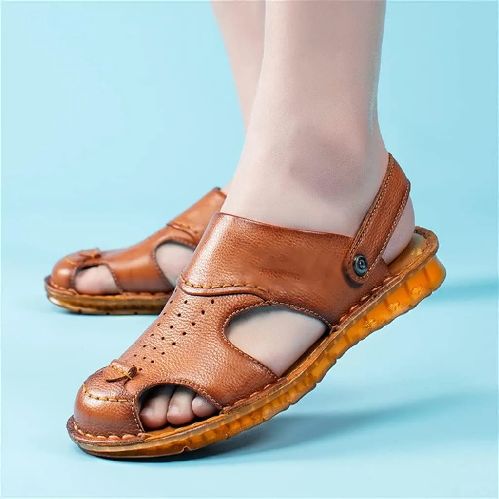 Men's Cowhide Beach Men's Shoes Casual Leather Cow Tendon Soft Sole Beach Men's Sandals Sandalias(42)