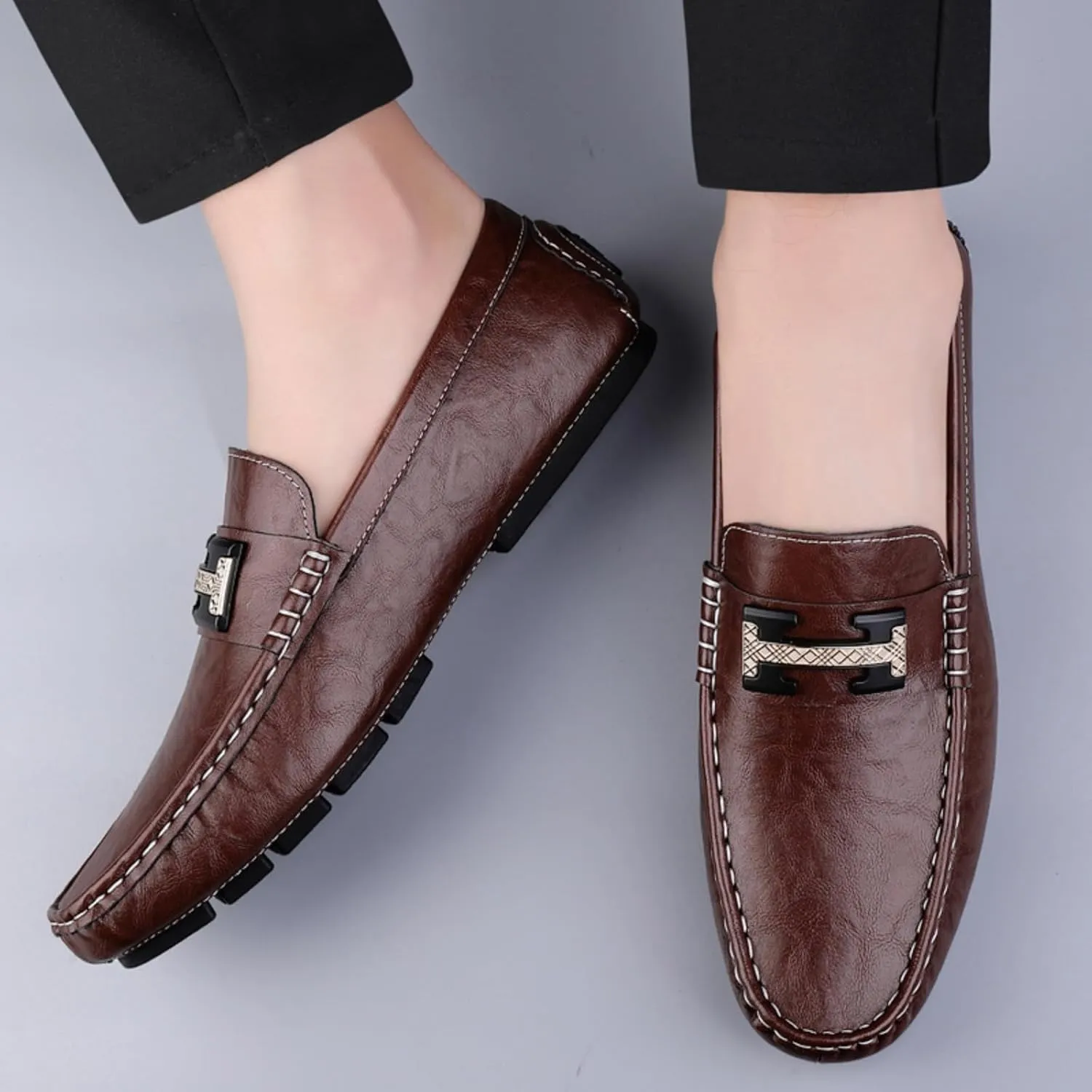 Men's Cowhide Leather Loafers, Casual Slip - On Shoes, Soft Penny Loafers for Men, Lightweight Driving Boat Shoes