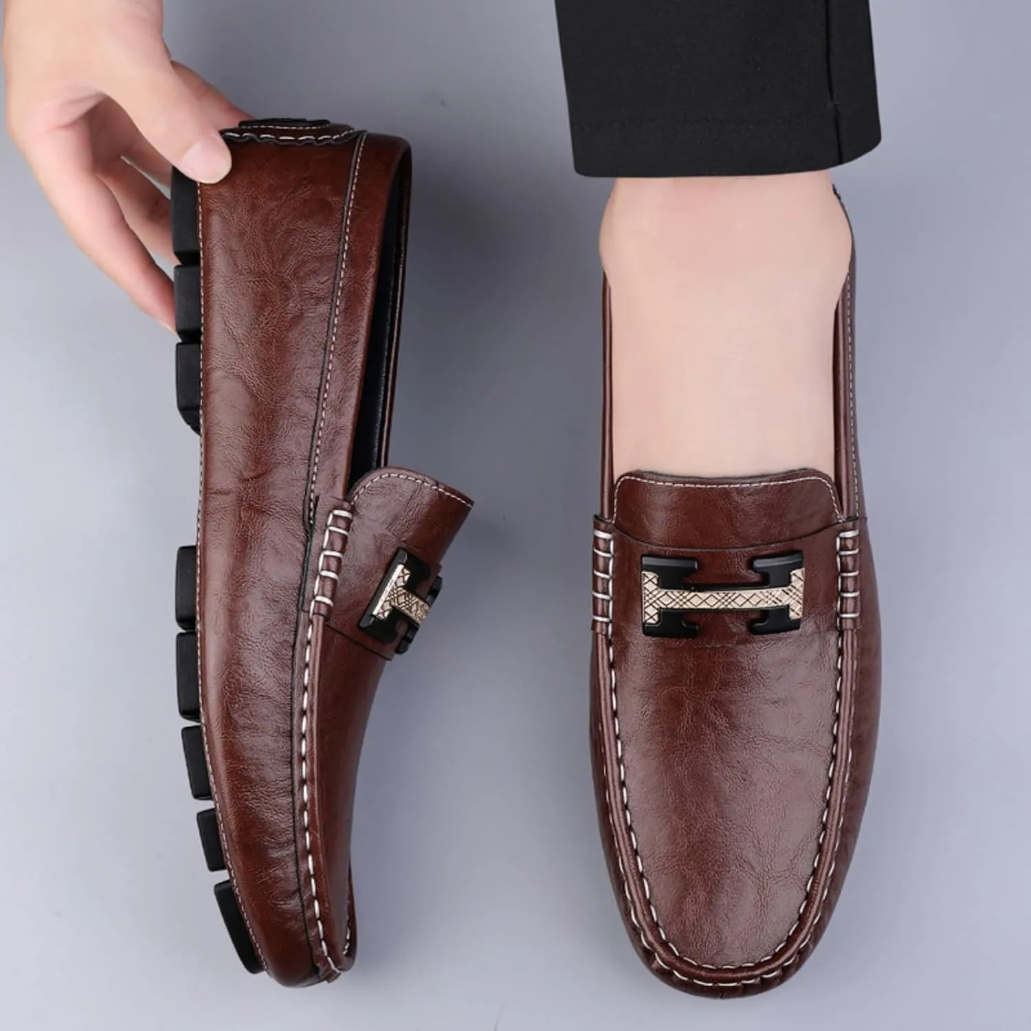 Men's Cowhide Leather Loafers, Casual Slip - On Shoes, Soft Penny Loafers for Men, Lightweight Driving Boat Shoes