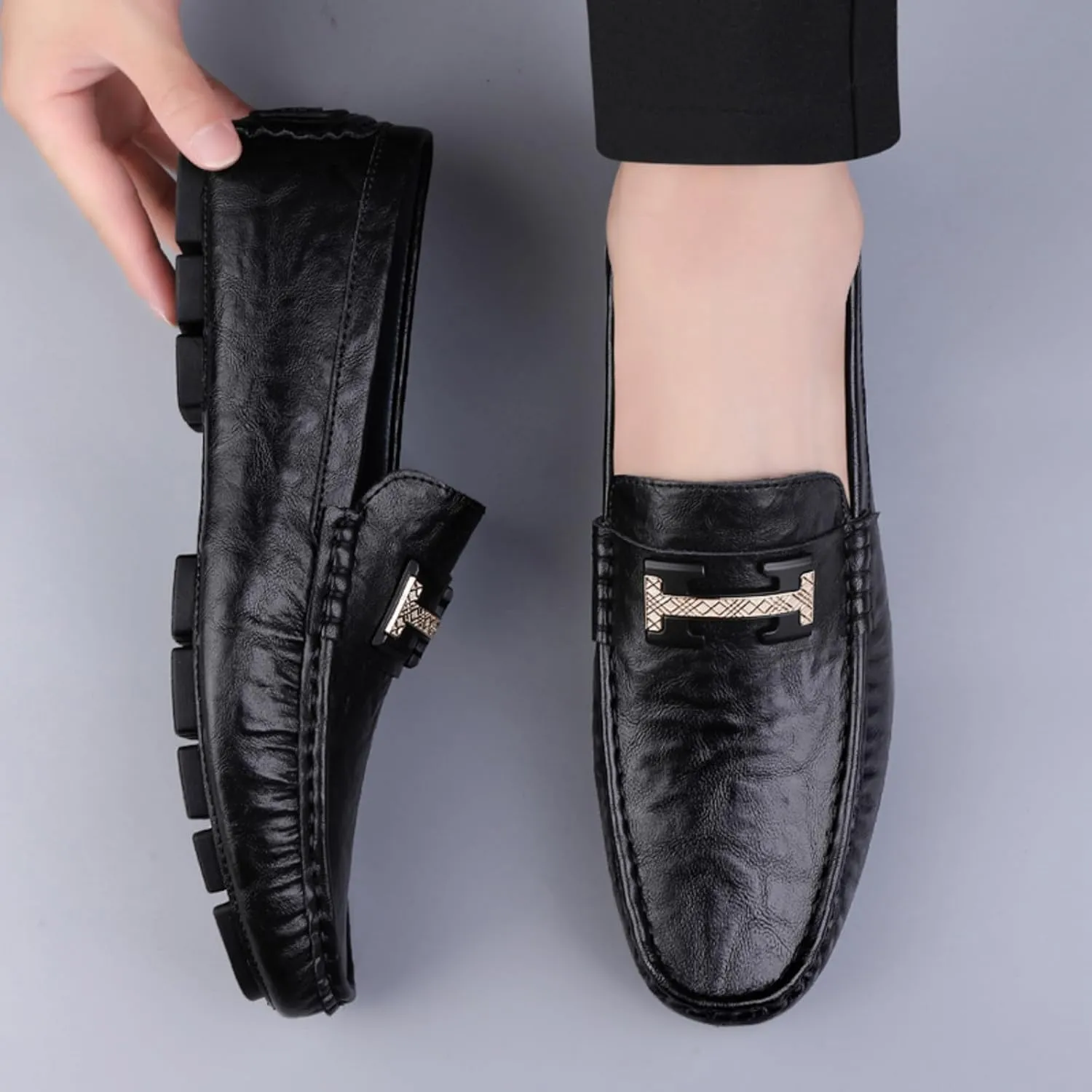 Men's Cowhide Leather Loafers, Casual Slip - On Shoes, Soft Penny Loafers for Men, Lightweight Driving Boat Shoes