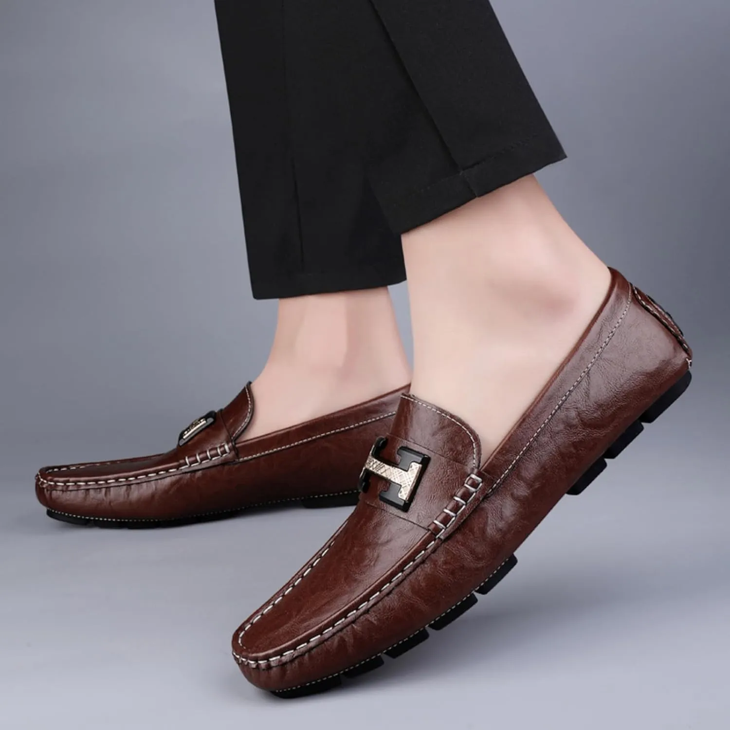 Men's Cowhide Leather Loafers, Casual Slip - On Shoes, Soft Penny Loafers for Men, Lightweight Driving Boat Shoes