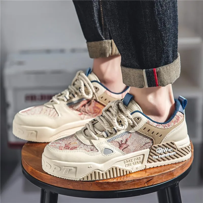 Men's Fashion Streetwear Thick-Soled Skateboarding Sneakers Comfortable Breathable Height Increasing Non-Slip Durable Lace-Up Sneakers for Outdoor Activities Shoes Size 6.5-10