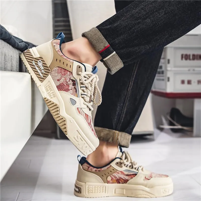 Men's Fashion Streetwear Thick-Soled Skateboarding Sneakers Comfortable Breathable Height Increasing Non-Slip Durable Lace-Up Sneakers for Outdoor Activities Shoes Size 6.5-10