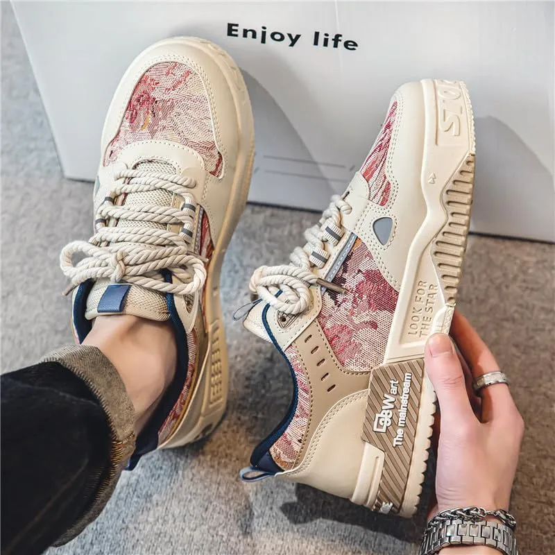 Men's Fashion Streetwear Thick-Soled Skateboarding Sneakers Comfortable Breathable Height Increasing Non-Slip Durable Lace-Up Sneakers for Outdoor Activities Shoes Size 6.5-10