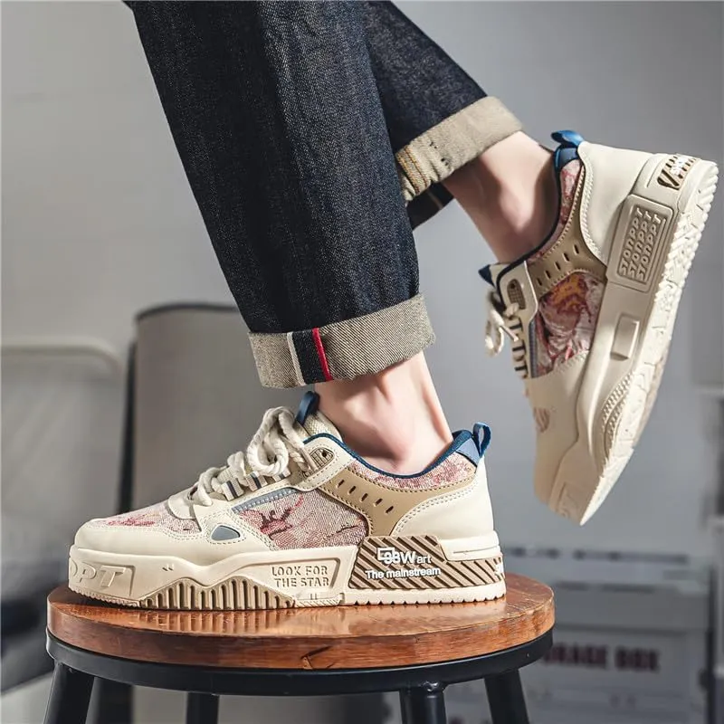 Men's Fashion Streetwear Thick-Soled Skateboarding Sneakers Comfortable Breathable Height Increasing Non-Slip Durable Lace-Up Sneakers for Outdoor Activities Shoes Size 6.5-10