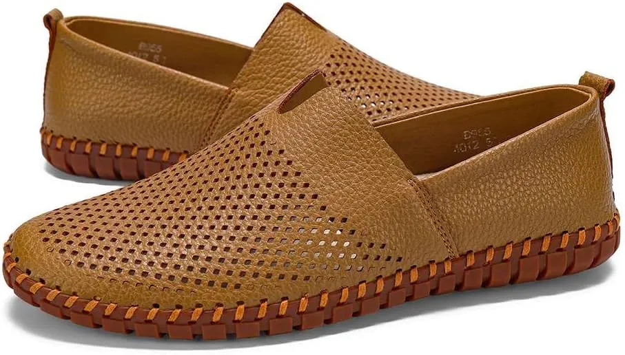 Men's Genuine Leather Loafer Shoes Slip On Soft Walking Shoes Perforated Driving Shoes