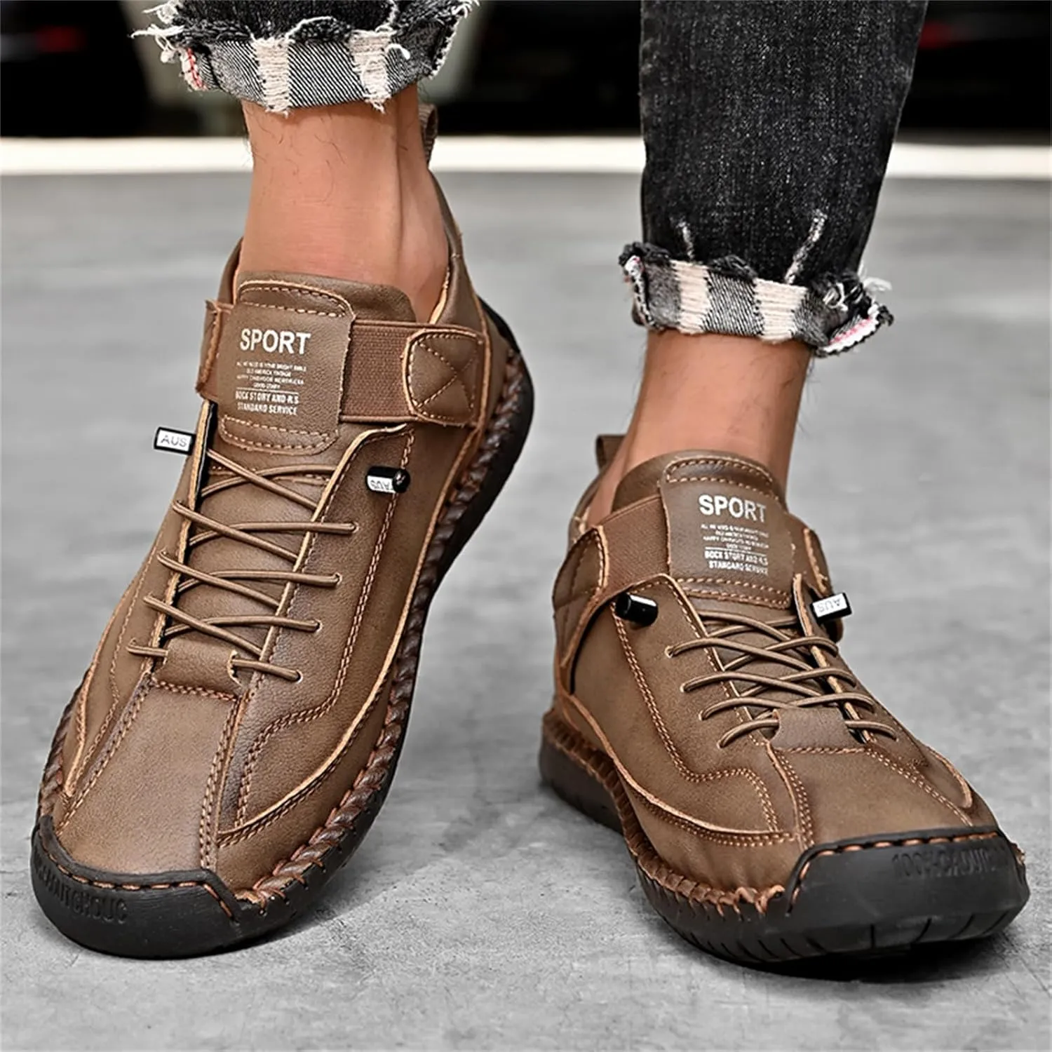 Men'S Hand Stitching Leather Chukka Ankle Boots with Adjustable Elastic Band Casual Slip-On Non-Slip Walking Loafers Retro High Top Flat Shoes