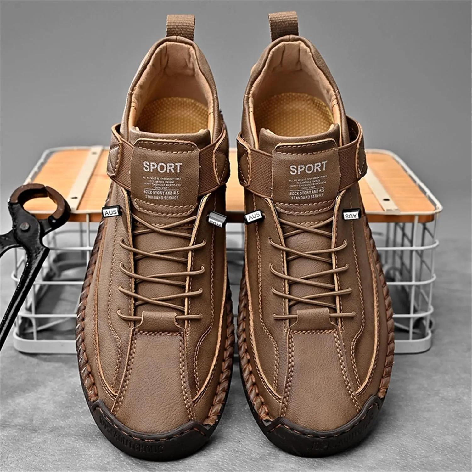 Men'S Hand Stitching Leather Chukka Ankle Boots with Adjustable Elastic Band Casual Slip-On Non-Slip Walking Loafers Retro High Top Flat Shoes