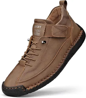 Men'S Hand Stitching Leather Chukka Ankle Boots with Adjustable Elastic Band Casual Slip-On Non-Slip Walking Loafers Retro High Top Flat Shoes