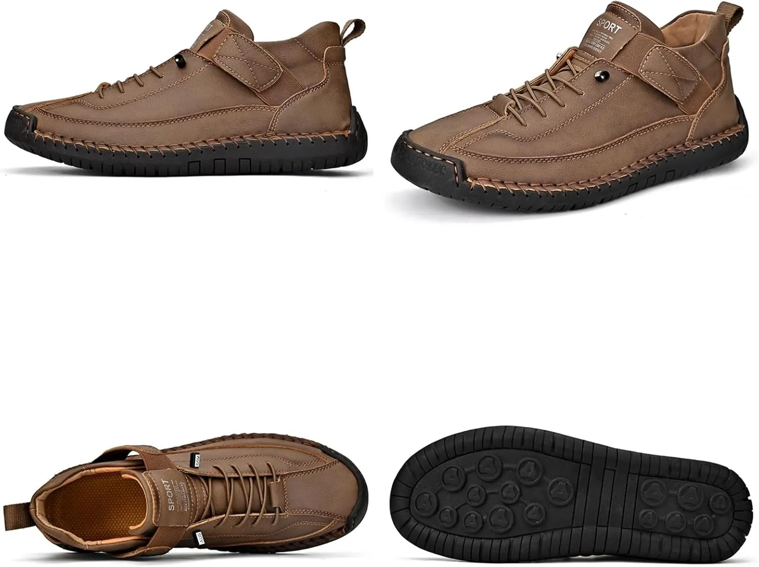 Men'S Hand Stitching Leather Chukka Ankle Boots with Adjustable Elastic Band Casual Slip-On Non-Slip Walking Loafers Retro High Top Flat Shoes