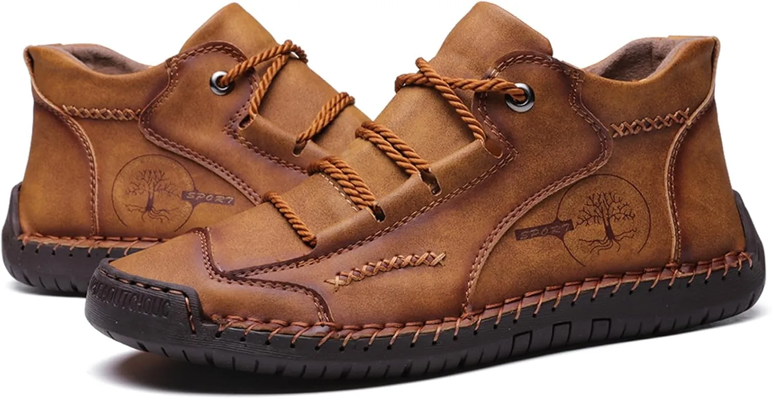 Mens Hand Stitching Leather Lace Up Ankle Boots Casual Vintage Non Slip Flats Arch Support Loafers for Hiking Walking Driving Chukka Boots