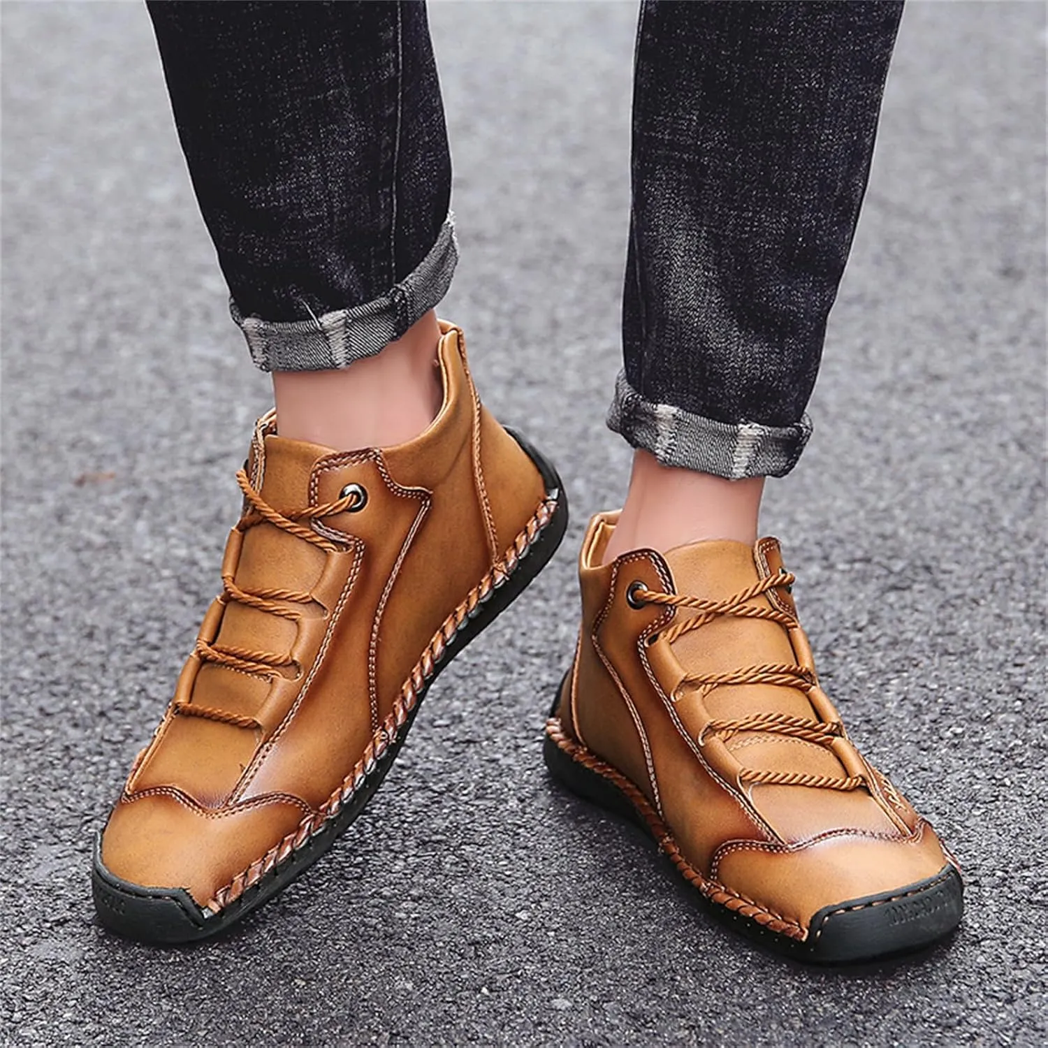 Mens Hand Stitching Leather Lace Up Ankle Boots Casual Vintage Non Slip Flats Arch Support Loafers for Hiking Walking Driving Chukka Boots
