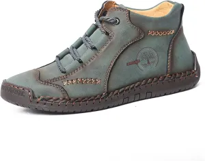 Mens Hand Stitching Leather Lace Up Ankle Boots Casual Vintage Non Slip Flats Arch Support Loafers for Hiking Walking Driving Chukka Boots