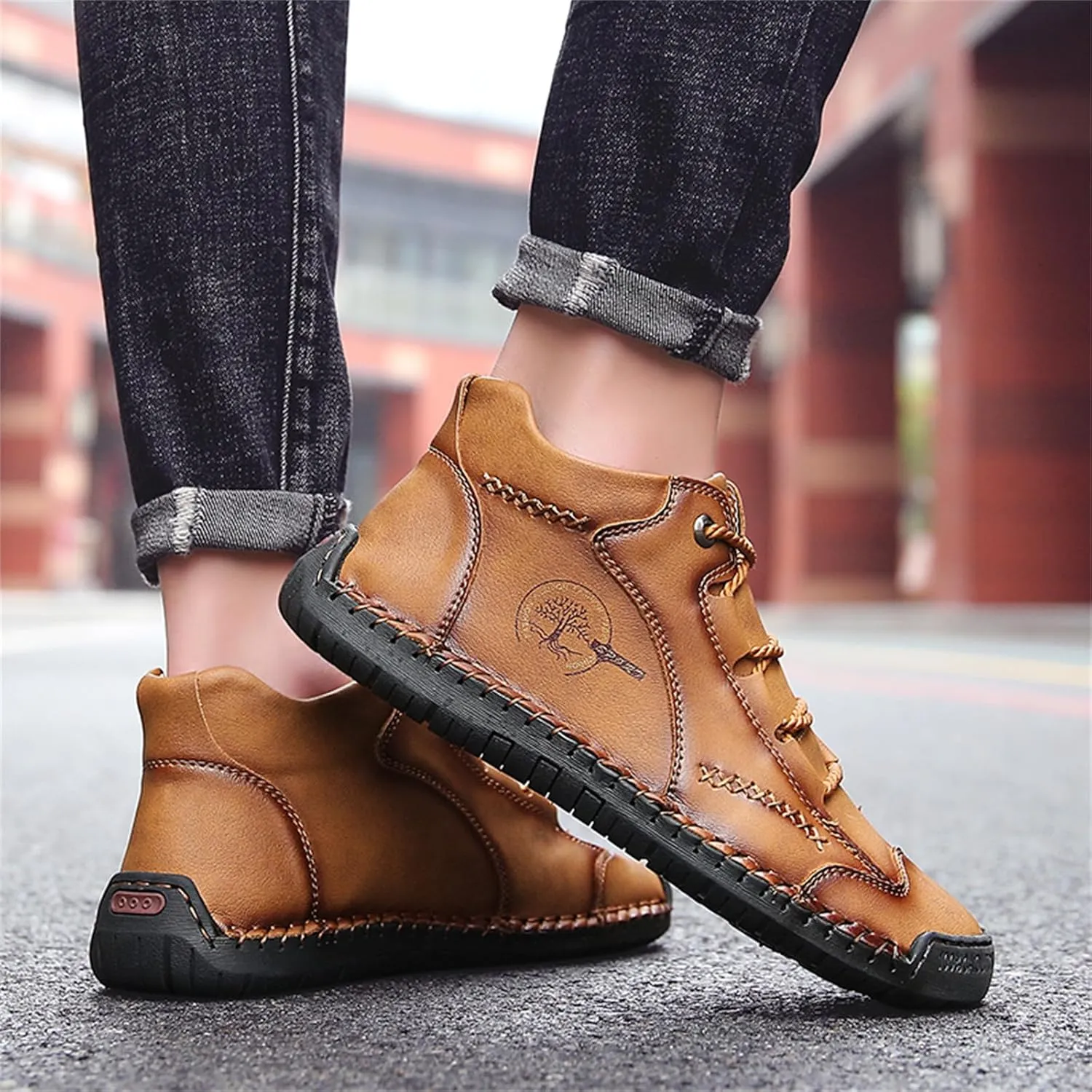 Mens Hand Stitching Leather Lace Up Ankle Boots Casual Vintage Non Slip Flats Arch Support Loafers for Hiking Walking Driving Chukka Boots