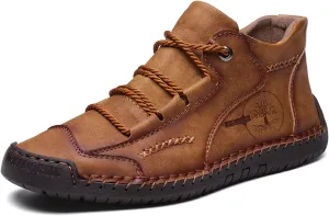 Mens Hand Stitching Leather Lace Up Ankle Boots Casual Vintage Non Slip Flats Arch Support Loafers for Hiking Walking Driving Chukka Boots