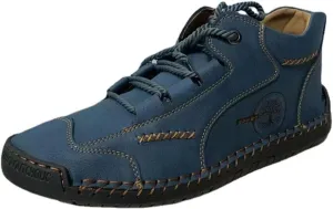 Mens Hand Stitching Leather Lace Up Ankle Boots Casual Vintage Non Slip Flats Arch Support Loafers for Hiking Walking Driving Chukka Boots