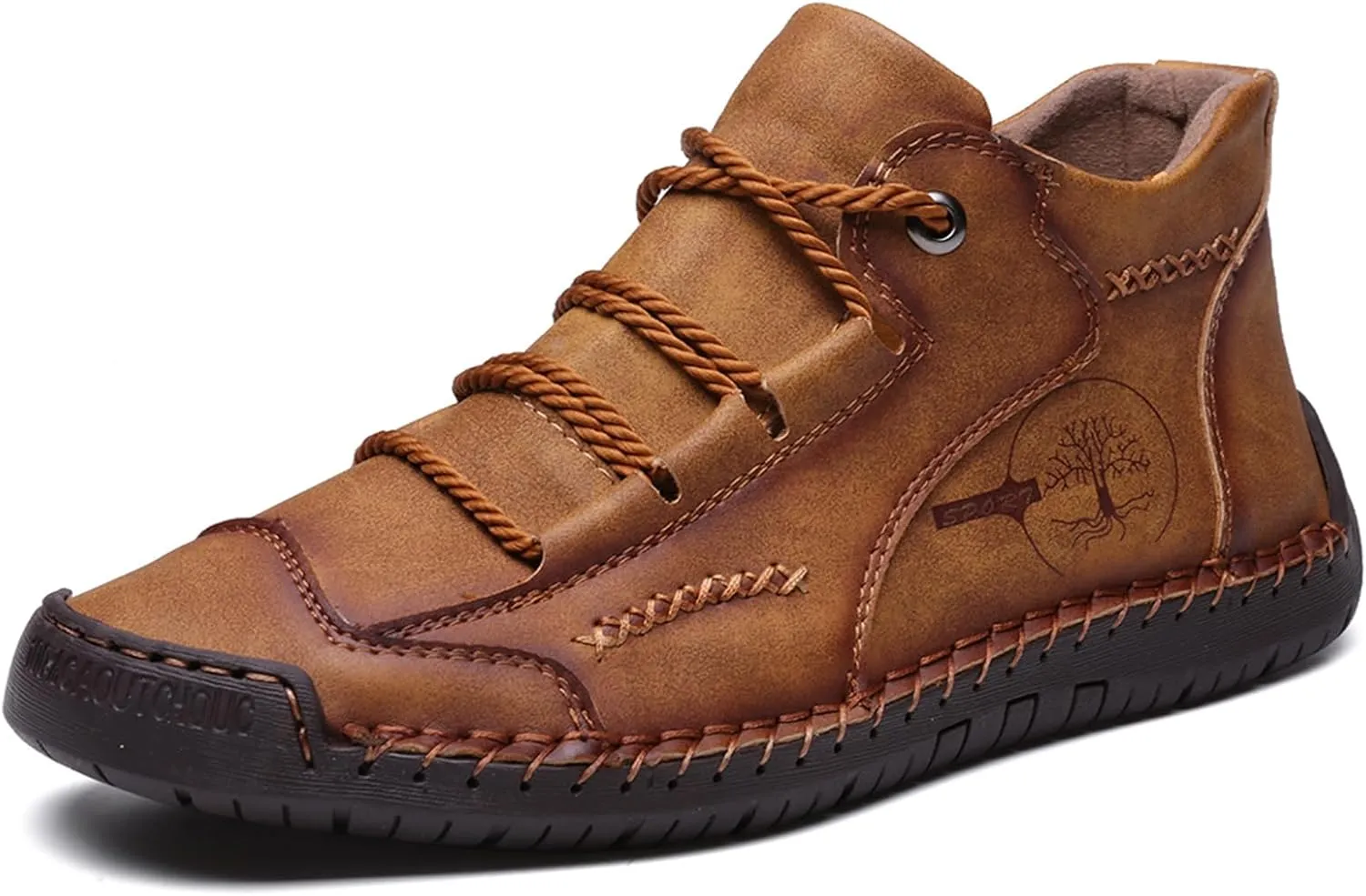 Mens Hand Stitching Leather Lace Up Ankle Boots Casual Vintage Non Slip Flats Arch Support Loafers for Hiking Walking Driving Chukka Boots