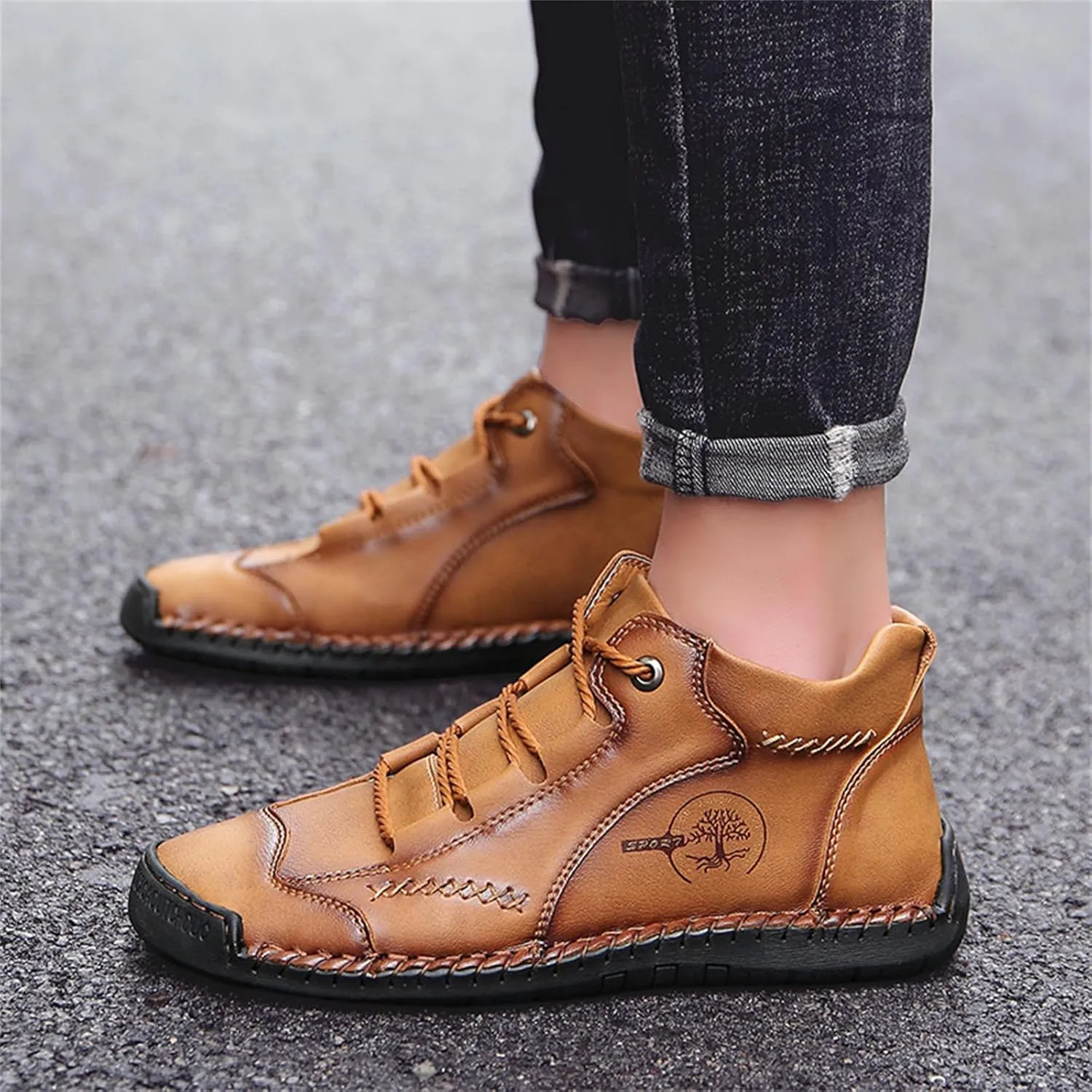 Mens Hand Stitching Leather Lace Up Ankle Boots Casual Vintage Non Slip Flats Arch Support Loafers for Hiking Walking Driving Chukka Boots