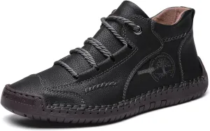 Mens Hand Stitching Leather Lace Up Ankle Boots Casual Vintage Non Slip Flats Arch Support Loafers for Hiking Walking Driving Chukka Boots