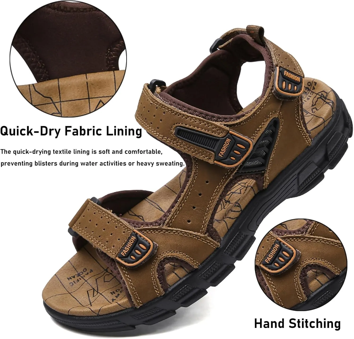 Men's Hiking Sport Water Sandals with Arch Support Leather Outdoor Breathable Open Toe Non-Slip Soft Thick Cushion walking sandals Adjustable Straps for Summer Beach Casual