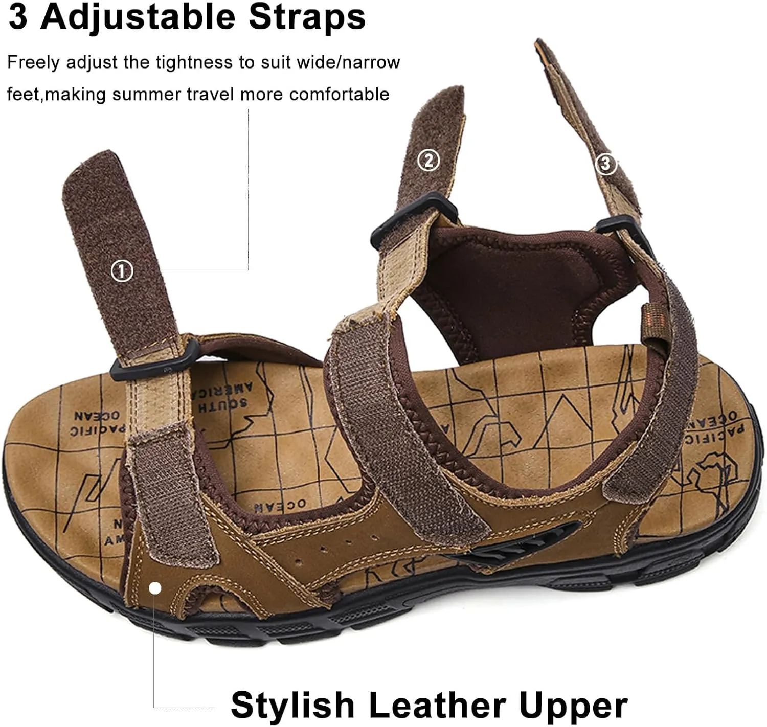 Men's Hiking Sport Water Sandals with Arch Support Leather Outdoor Breathable Open Toe Non-Slip Soft Thick Cushion walking sandals Adjustable Straps for Summer Beach Casual