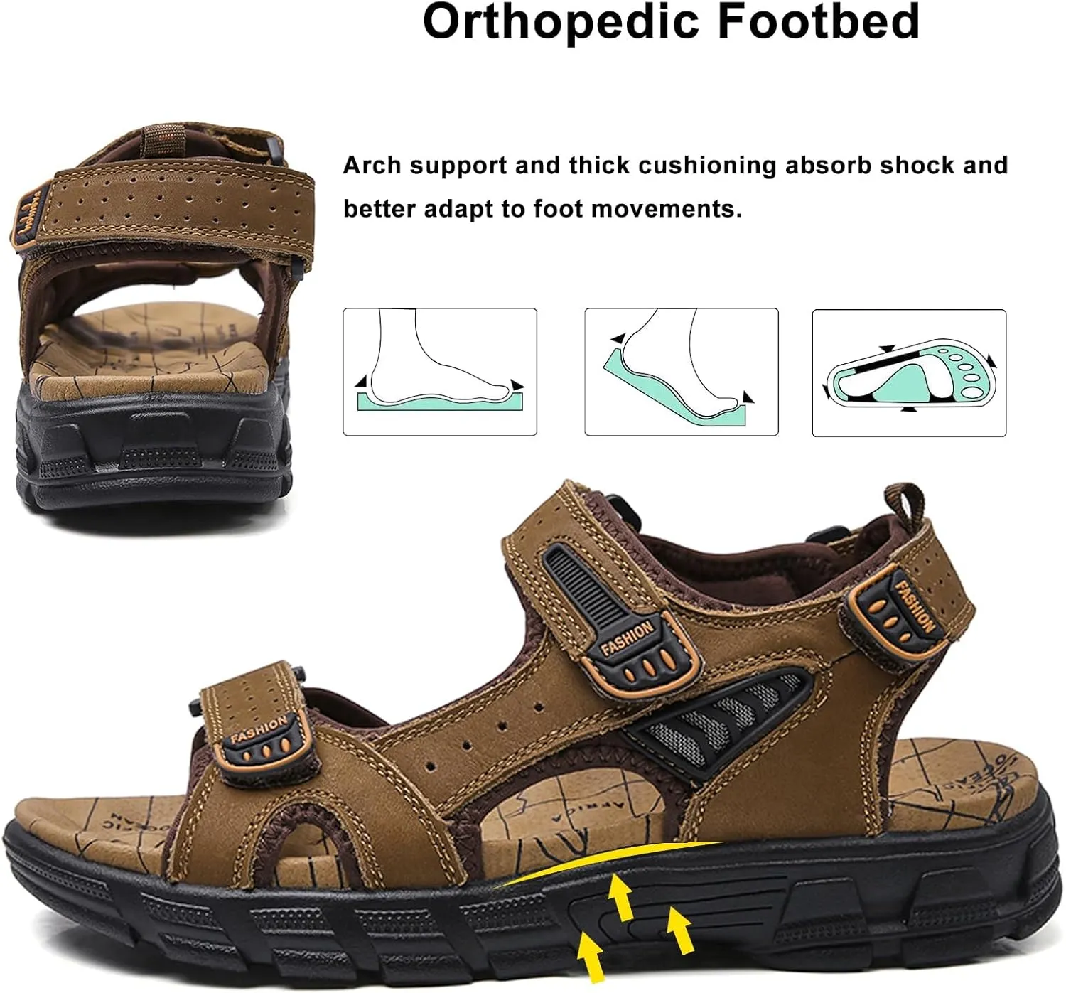 Men's Hiking Sport Water Sandals with Arch Support Leather Outdoor Breathable Open Toe Non-Slip Soft Thick Cushion walking sandals Adjustable Straps for Summer Beach Casual