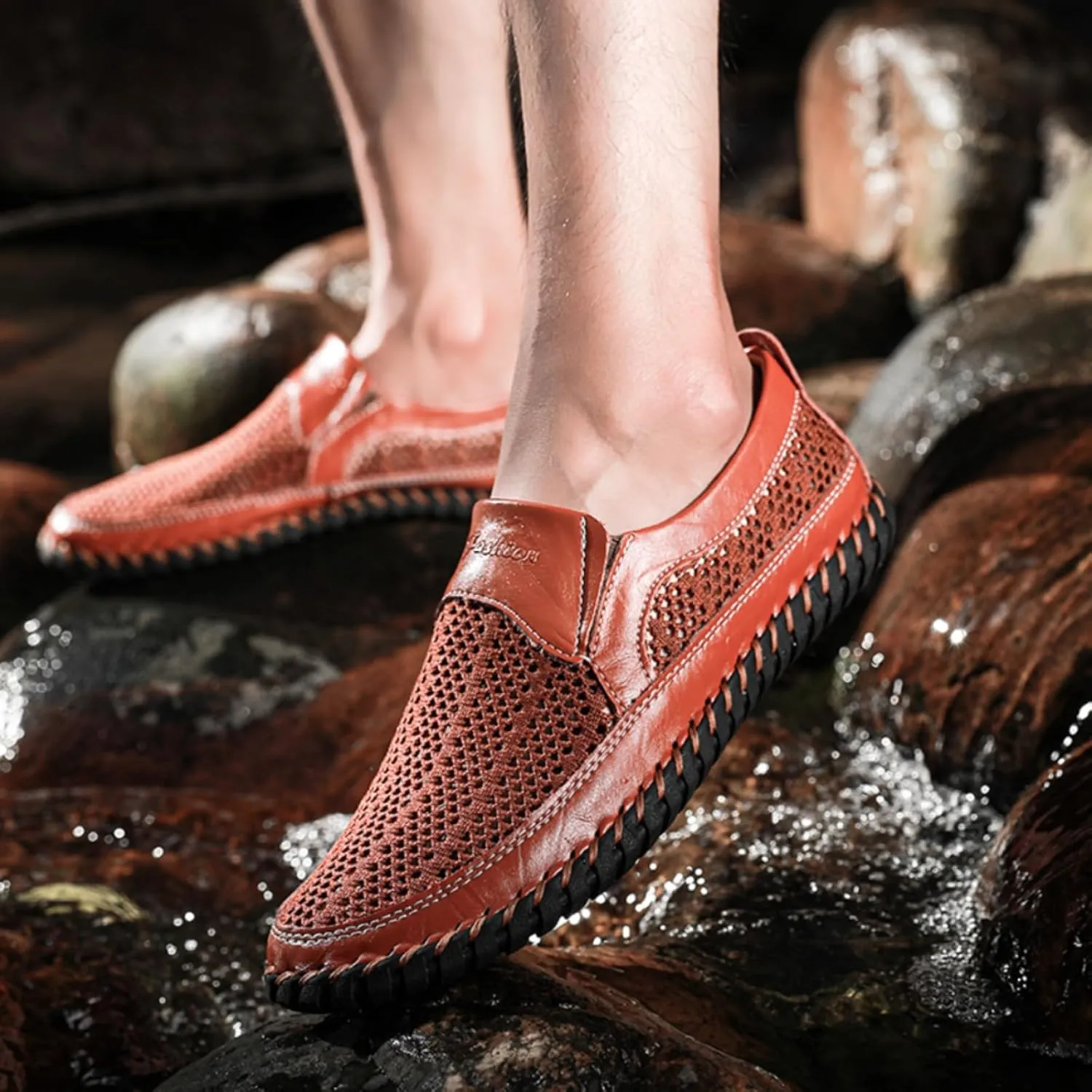 Mens Hollow Mesh Slip-On Loafers Handmade Soft Non-Slip Sole Casual Round Toe Breathable Outdoor Walking Driving Flats Sandals
